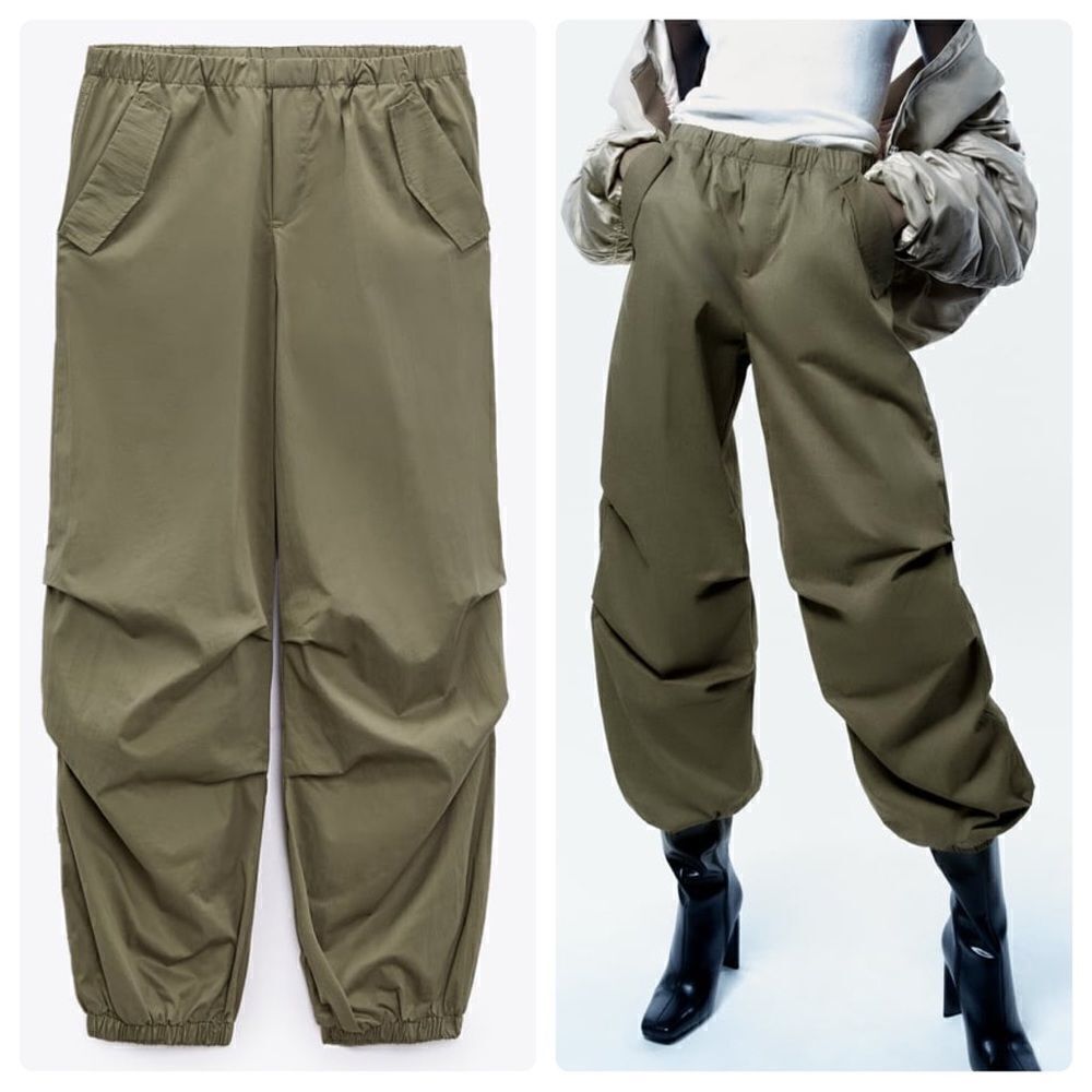 Zara Dark Khaki Parachute Pants New